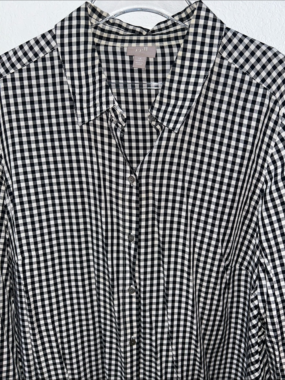 J. Jill Rayon Silky Black White Gingham Long-Sleeve Button-Down Shirt 1X in EUC